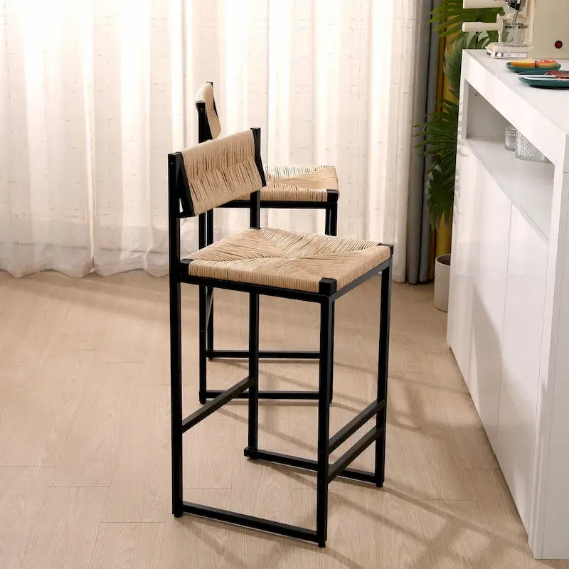 Tabourets de bar lot de 2, assise en corde de papier tressée à la main avec cadre en métal, hauteur de comptoir