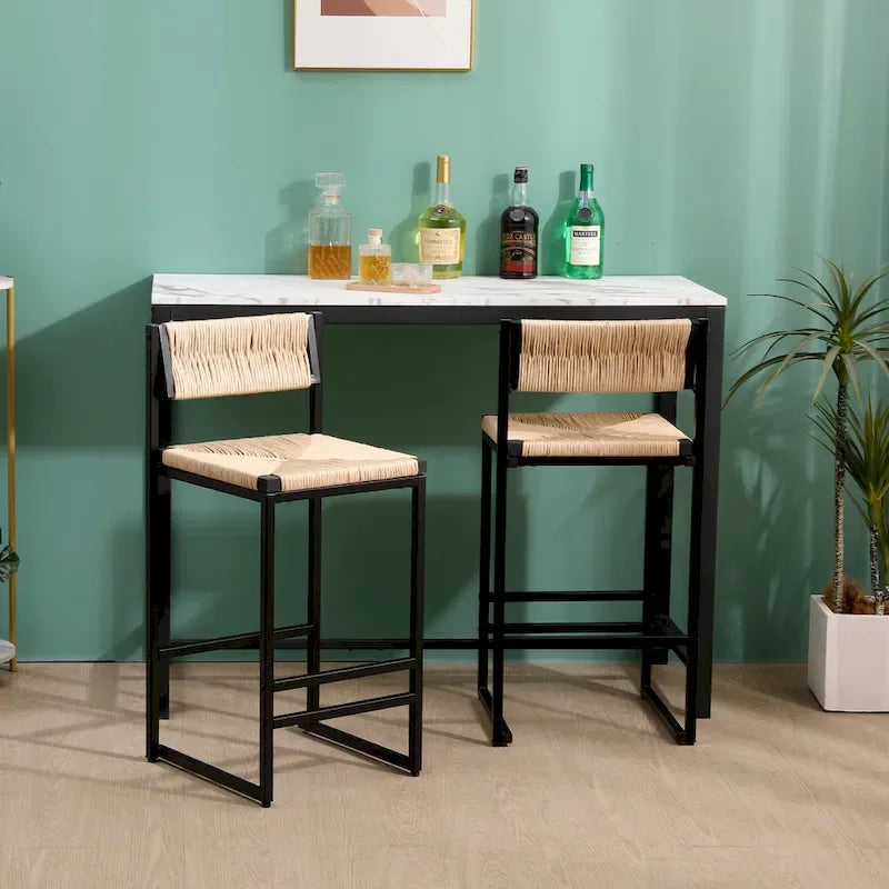Tabourets de bar lot de 2, assise en corde de papier tressée à la main avec cadre en métal, hauteur de comptoir