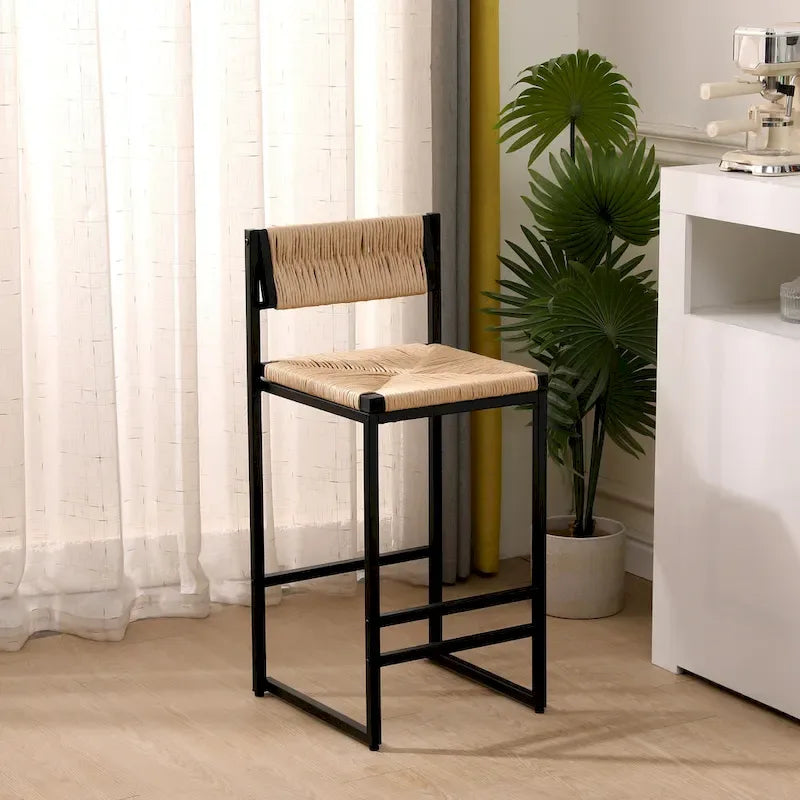Tabourets de bar lot de 2, assise en corde de papier tressée à la main avec cadre en métal, hauteur de comptoir