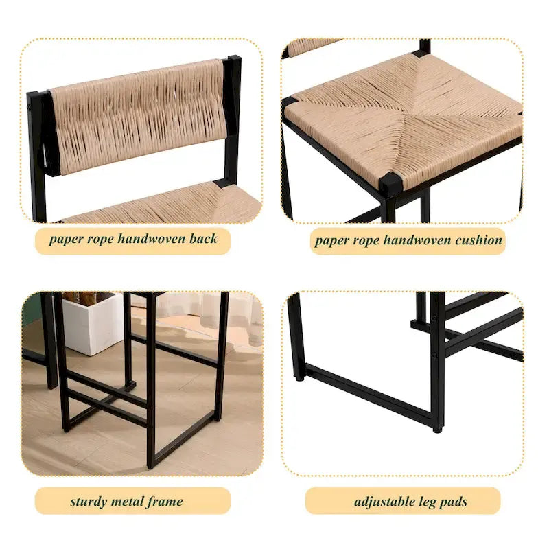 Tabourets de bar lot de 2, assise en corde de papier tressée à la main avec cadre en métal, hauteur de comptoir