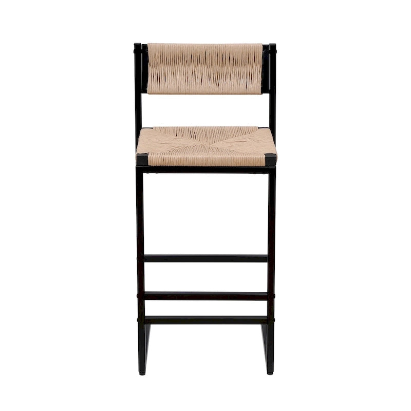 Tabourets de bar lot de 2, assise en corde de papier tressée à la main avec cadre en métal, hauteur de comptoir