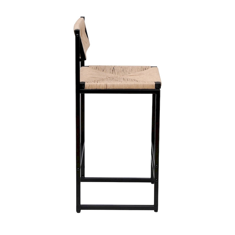 Tabourets de bar lot de 2, assise en corde de papier tressée à la main avec cadre en métal, hauteur de comptoir