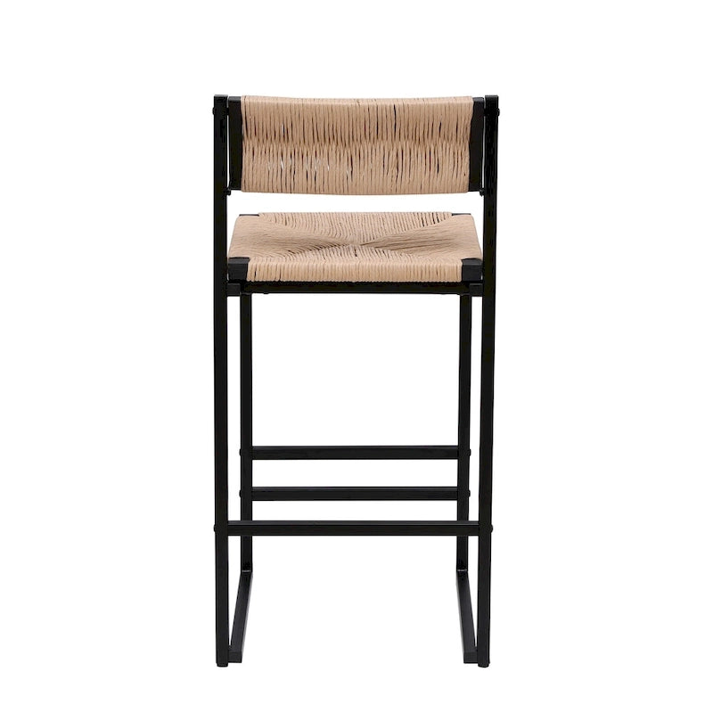Tabourets de bar lot de 2, assise en corde de papier tressée à la main avec cadre en métal, hauteur de comptoir