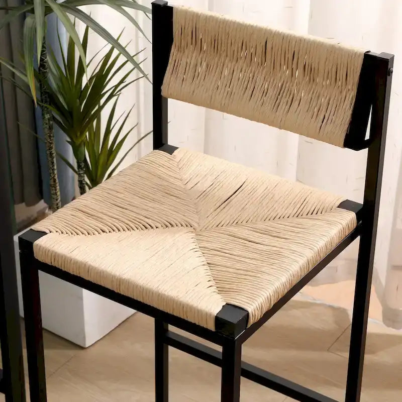Tabourets de bar lot de 2, assise en corde de papier tressée à la main avec cadre en métal, hauteur de comptoir