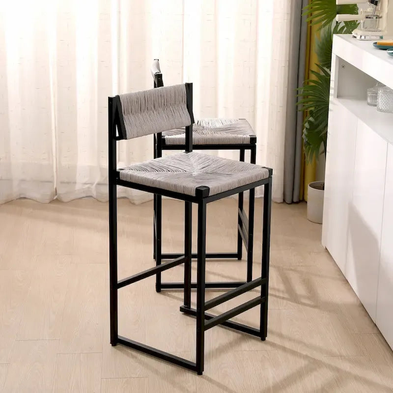 Tabourets de bar lot de 2, assise en corde de papier tressée à la main avec cadre en métal, hauteur de comptoir