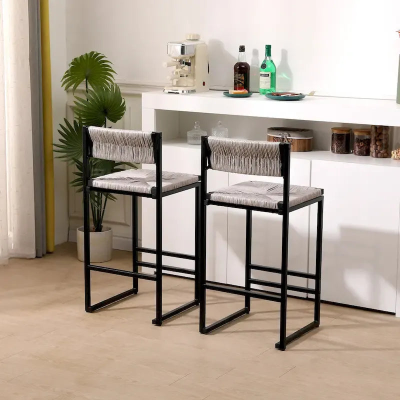 Tabourets de bar lot de 2, assise en corde de papier tressée à la main avec cadre en métal, hauteur de comptoir