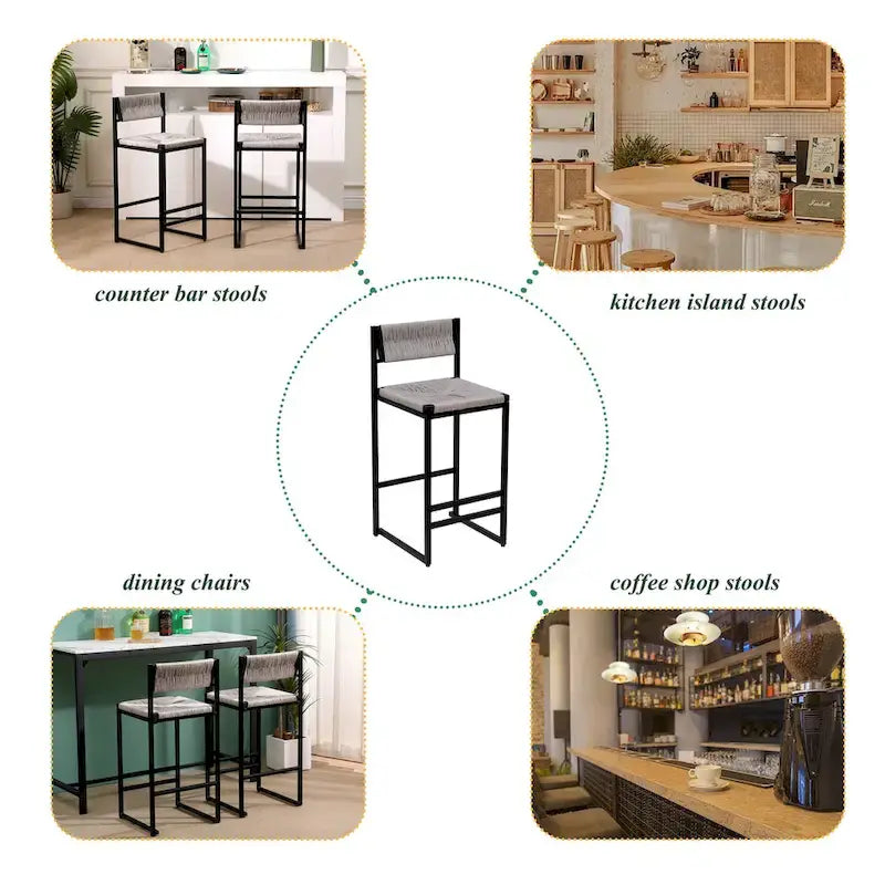 Tabourets de bar lot de 2, assise en corde de papier tressée à la main avec cadre en métal, hauteur de comptoir