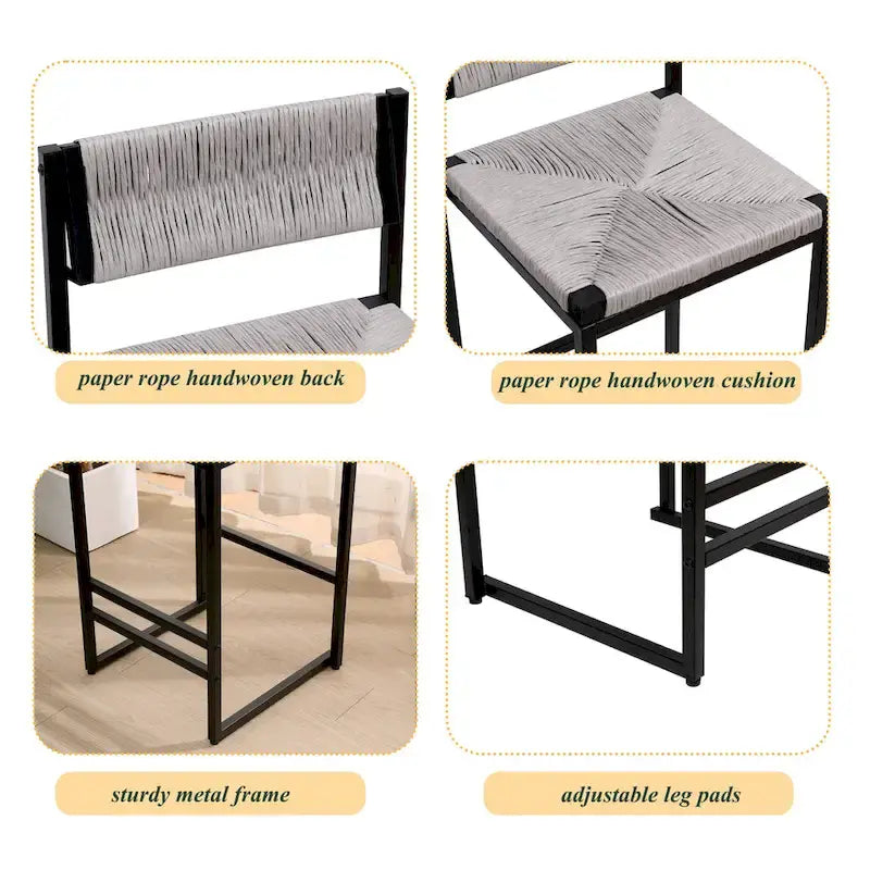 Tabourets de bar lot de 2, assise en corde de papier tressée à la main avec cadre en métal, hauteur de comptoir