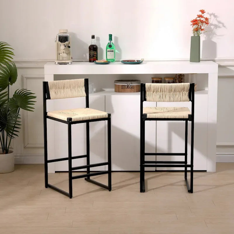Tabourets de bar lot de 2, assise en corde de papier tressée à la main avec cadre en métal, hauteur de comptoir