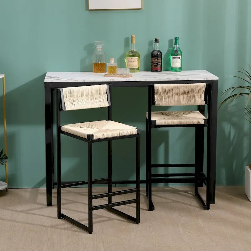 Tabourets de bar lot de 2, assise en corde de papier tressée à la main avec cadre en métal, hauteur de comptoir