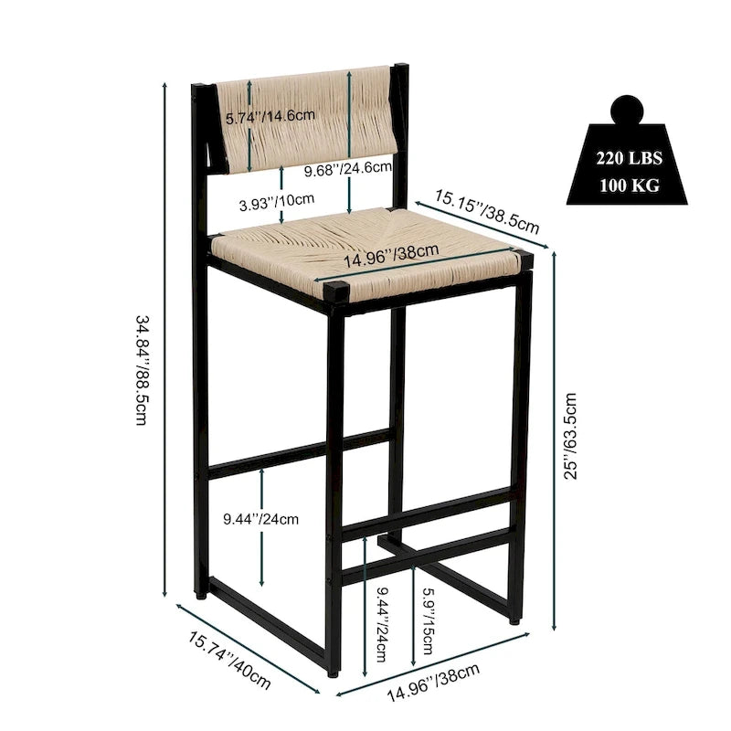 Tabourets de bar lot de 2, assise en corde de papier tressée à la main avec cadre en métal, hauteur de comptoir
