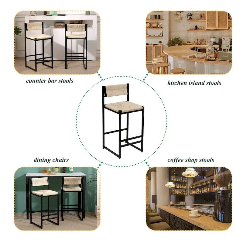 Tabourets de bar lot de 2, assise en corde de papier tressée à la main avec cadre en métal, hauteur de comptoir