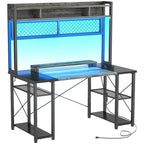 Bureau de Gamer avec Station de Charge et Lumière LED, Table d'Ordinateur avec Étagère Supérieure et Étagères de Rangement