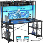 Bureau de Gamer avec Station de Charge et Lumière LED, Table d'Ordinateur avec Étagère Supérieure et Étagères de Rangement