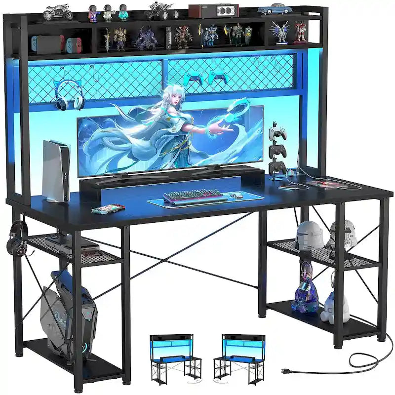 Bureau de Gamer avec Station de Charge et Lumière LED, Table d'Ordinateur avec Étagère Supérieure et Étagères de Rangement