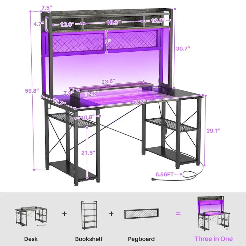 Bureau de Gamer avec Station de Charge et Lumière LED, Table d'Ordinateur avec Étagère Supérieure et Étagères de Rangement