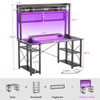 Bureau de Gamer avec Station de Charge et Lumière LED, Table d'Ordinateur avec Étagère Supérieure et Étagères de Rangement