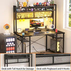 Bureau de Gamer avec Station de Charge et Lumière LED, Table d'Ordinateur avec Étagère Supérieure et Étagères de Rangement