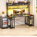 Bureau de Gamer avec Station de Charge et Lumière LED, Table d'Ordinateur avec Étagère Supérieure et Étagères de Rangement