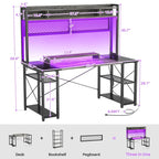 Bureau de Gamer avec Station de Charge et Lumière LED, Table d'Ordinateur avec Étagère Supérieure et Étagères de Rangement
