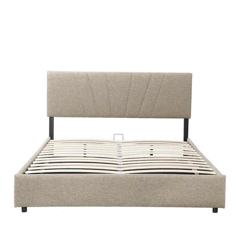 Lit plateforme entièrement tapissé beige avec rangement à vérins hydrauliques et tête de lit capitonnée - Idéal pour tous les âges