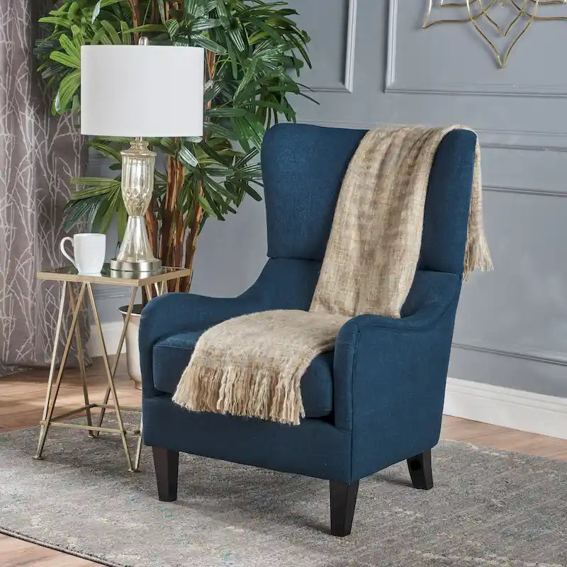 Fauteuil d'appoint moderne à dossier haut 27 po, bleu marine, avec pieds en bois de bouleau et dossier à oreilles pour salon