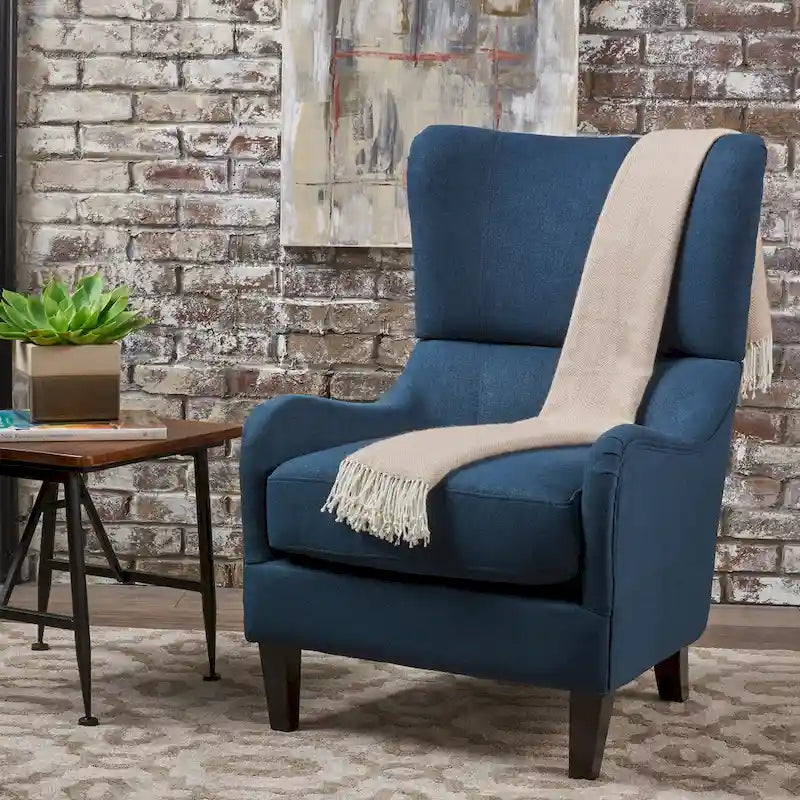 Fauteuil d'appoint moderne à dossier haut 27 po, bleu marine, avec pieds en bois de bouleau et dossier à oreilles pour salon