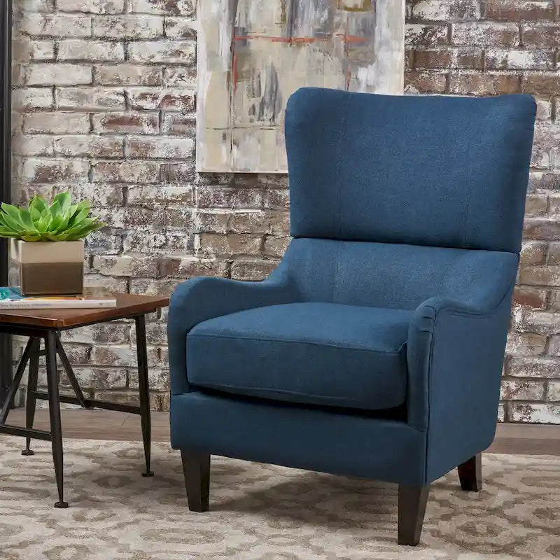 Fauteuil d'appoint moderne à dossier haut 27 po, bleu marine, avec pieds en bois de bouleau et dossier à oreilles pour salon
