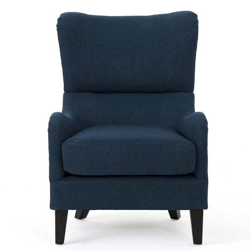 Fauteuil d'appoint moderne à dossier haut 27 po, bleu marine, avec pieds en bois de bouleau et dossier à oreilles pour salon
