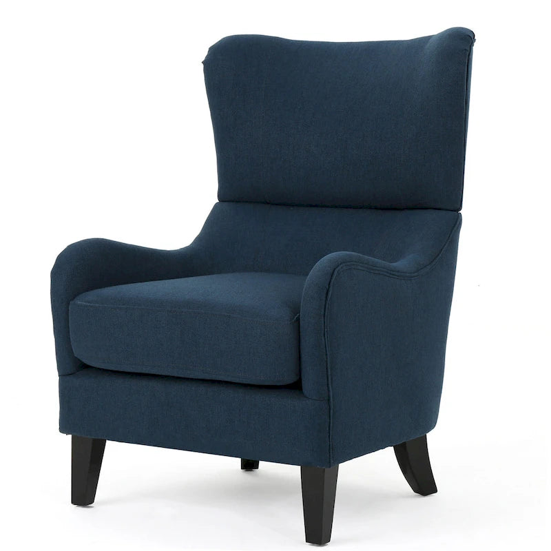 Fauteuil d'appoint moderne à dossier haut 27 po, bleu marine, avec pieds en bois de bouleau et dossier à oreilles pour salon