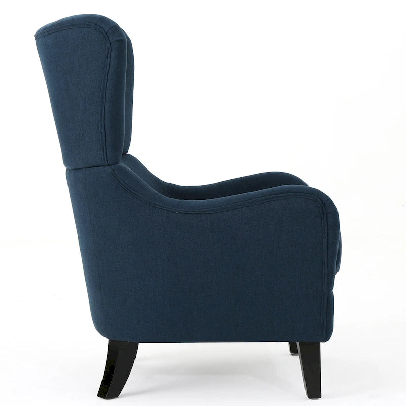 Fauteuil d'appoint moderne à dossier haut 27 po, bleu marine, avec pieds en bois de bouleau et dossier à oreilles pour salon