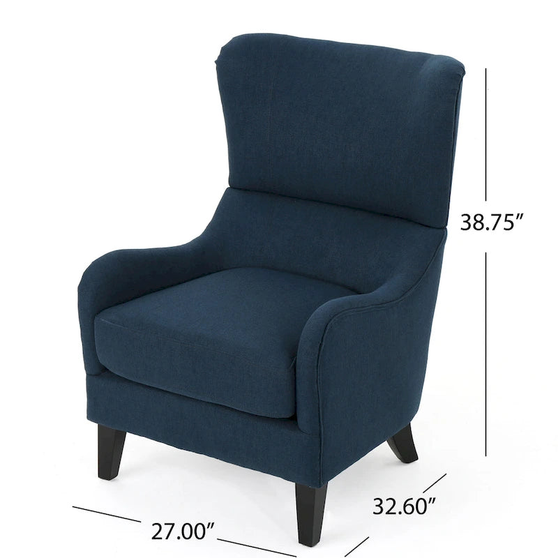 Fauteuil d'appoint moderne à dossier haut 27 po, bleu marine, avec pieds en bois de bouleau et dossier à oreilles pour salon