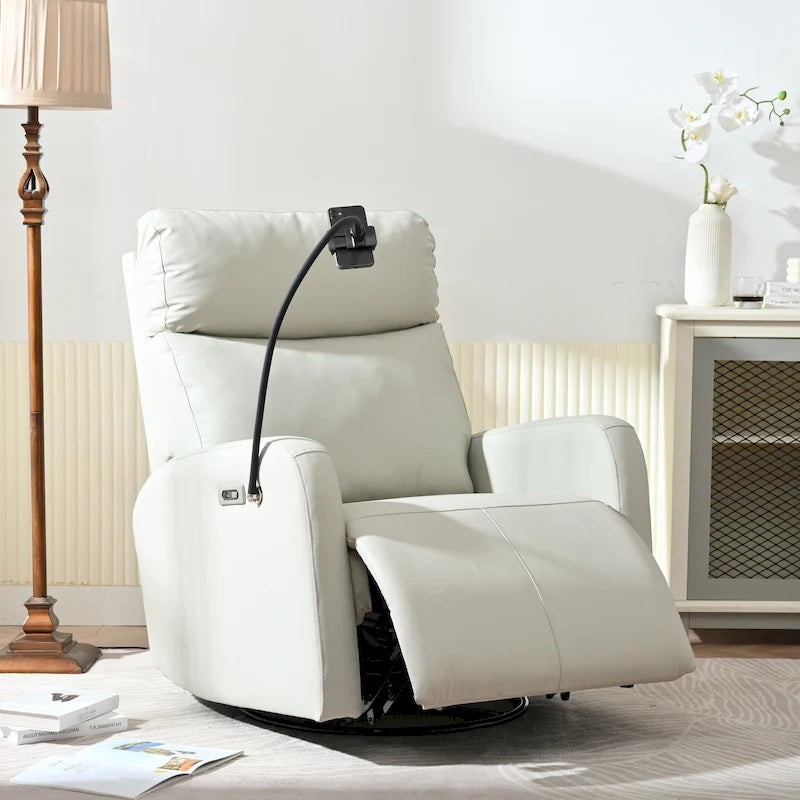 Fauteuil inclinable électrique avec pivotement à 270°, fonction bascule et inclinaison, ports USB et repose-pieds réglable