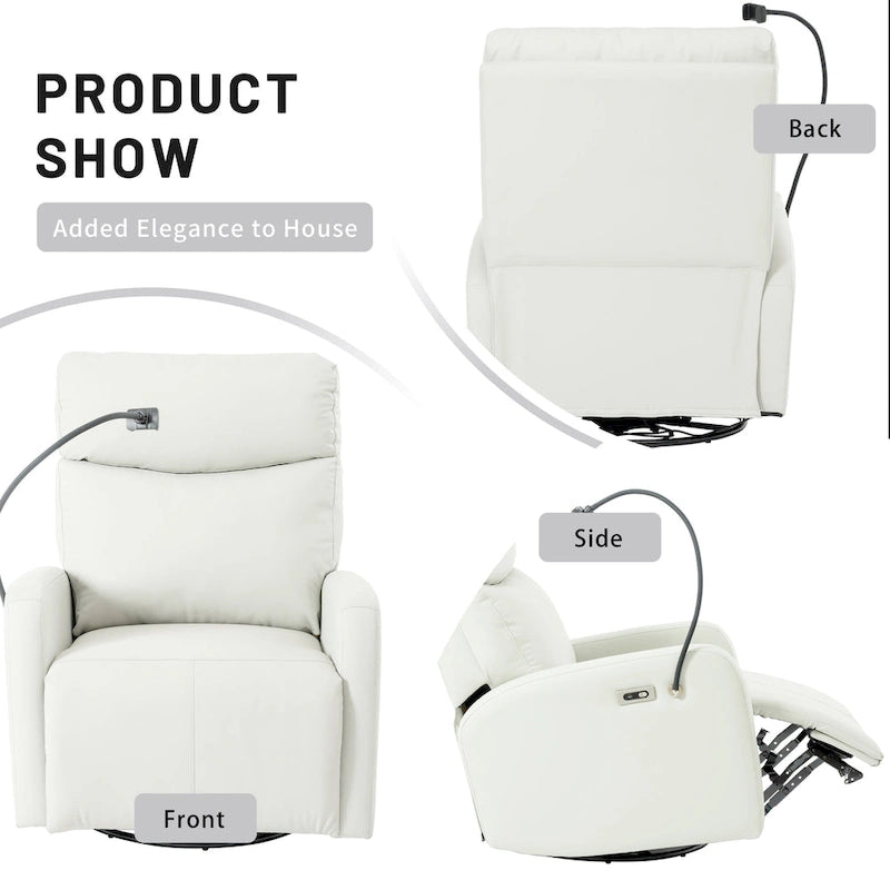 Fauteuil inclinable électrique avec pivotement à 270°, fonction bascule et inclinaison, ports USB et repose-pieds réglable