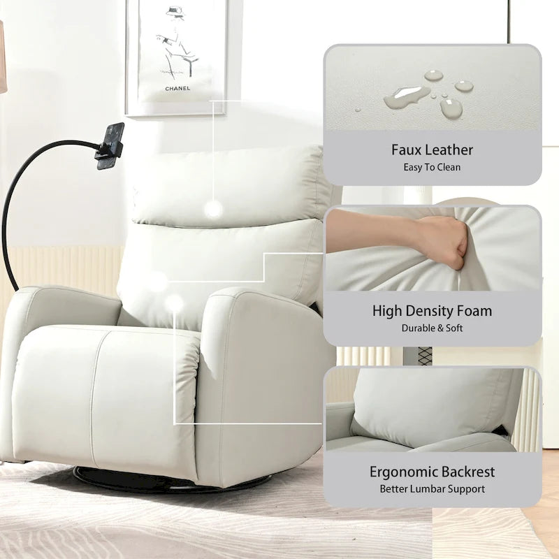 Fauteuil inclinable électrique avec pivotement à 270°, fonction bascule et inclinaison, ports USB et repose-pieds réglable
