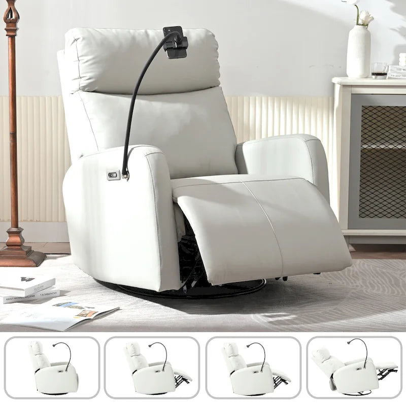 Fauteuil inclinable électrique avec pivotement à 270°, fonction bascule et inclinaison, ports USB et repose-pieds réglable