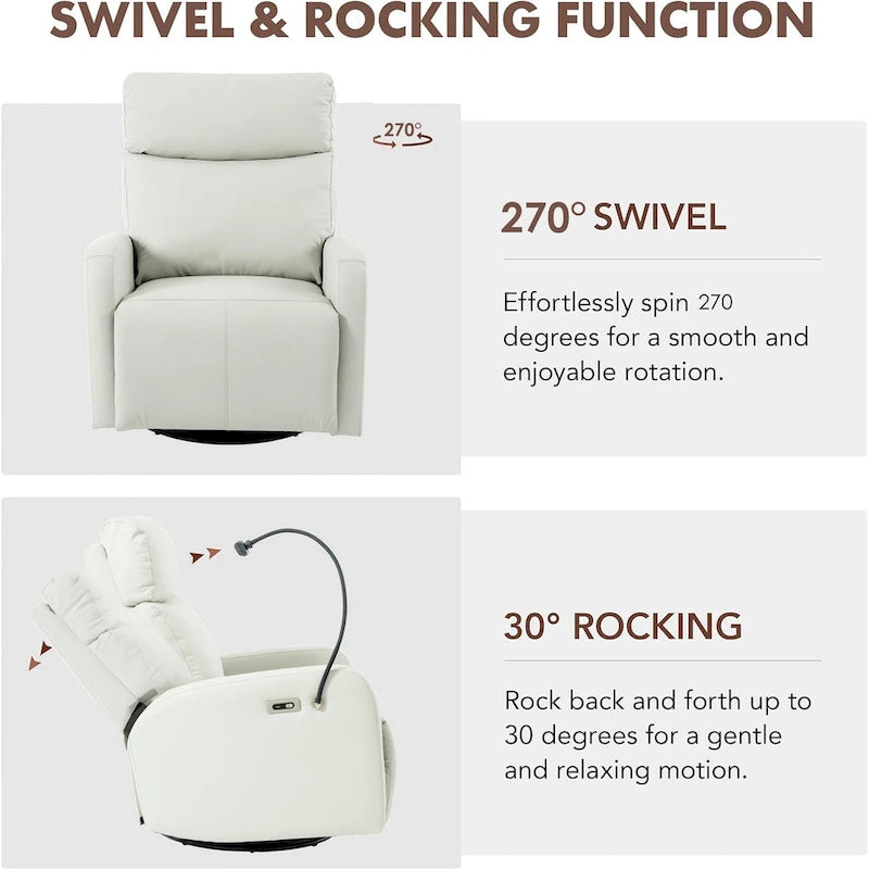 Fauteuil inclinable électrique avec pivotement à 270°, fonction bascule et inclinaison, ports USB et repose-pieds réglable