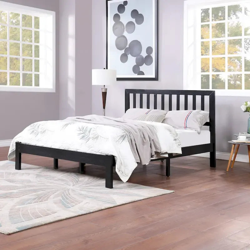 Plateforme de lit Queen en acacia style ferme moderne avec tête de lit à lattes