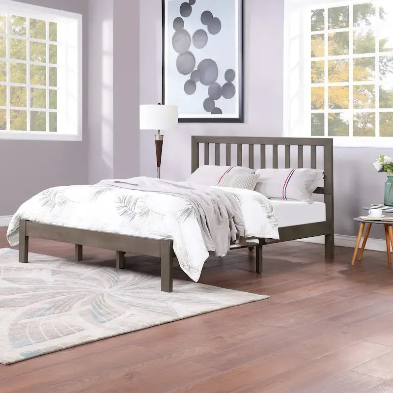Plateforme de lit Queen en acacia style ferme moderne avec tête de lit à lattes