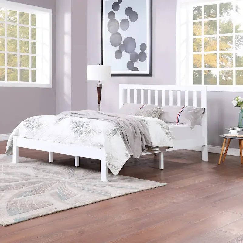 Plateforme de lit Queen en acacia style ferme moderne avec tête de lit à lattes