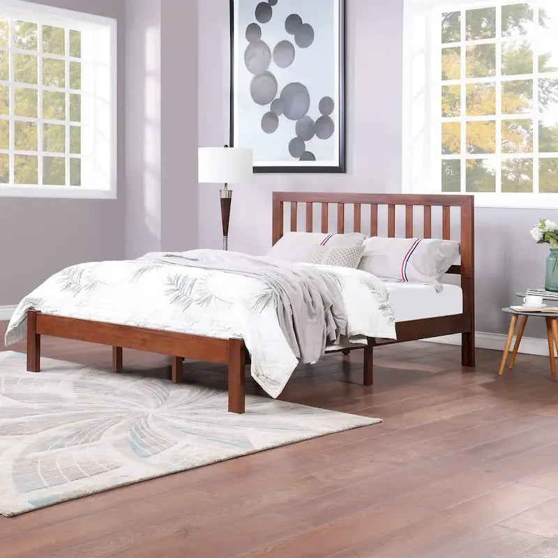 Plateforme de lit Queen en acacia style ferme moderne avec tête de lit à lattes
