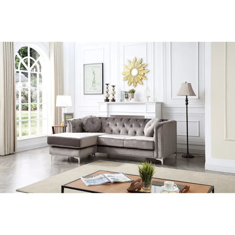 Canapé sectionnel moderne en velours capitonné avec méridienne, 83"L x 58"l x 31"H