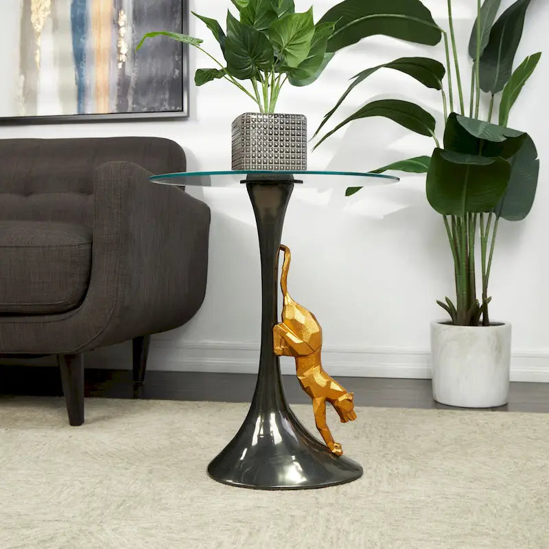 Table d'appoint en aluminium avec figurine léopard et plateau en verre trempé - Noir