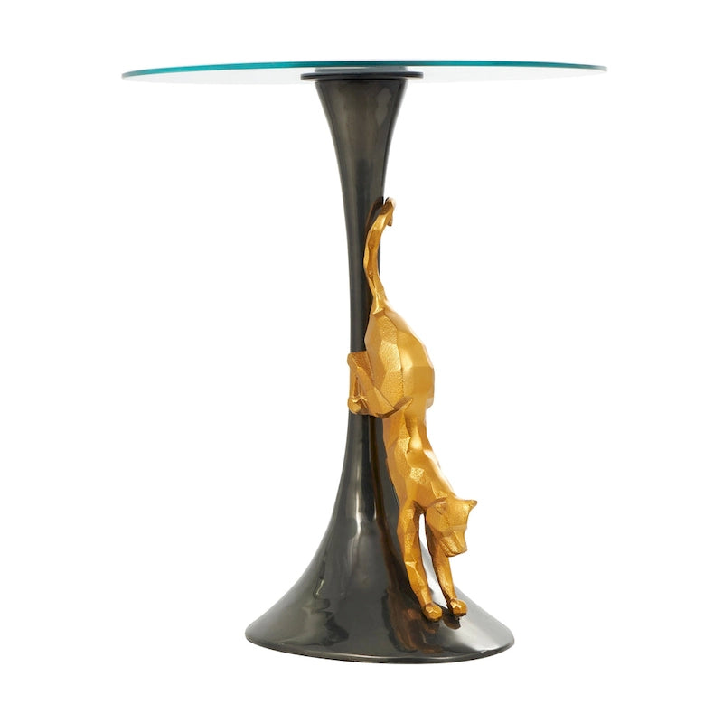 Table d'appoint en aluminium avec figurine léopard et plateau en verre trempé - Noir