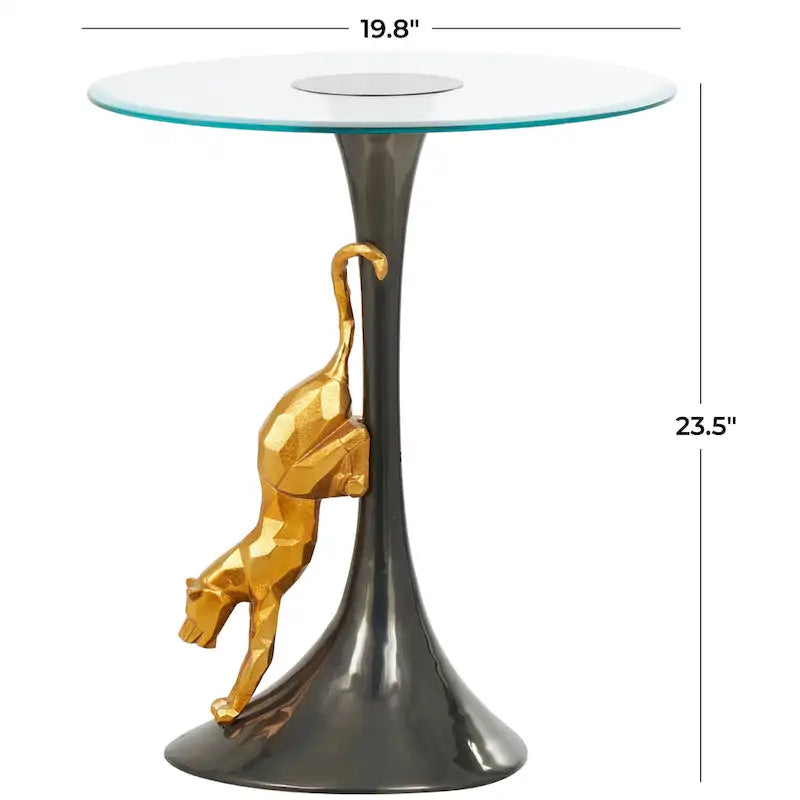 Table d'appoint en aluminium avec figurine léopard et plateau en verre trempé - Noir