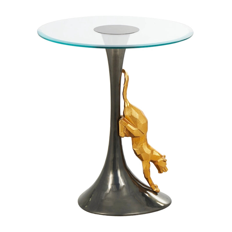 Table d'appoint en aluminium avec figurine léopard et plateau en verre trempé - Noir