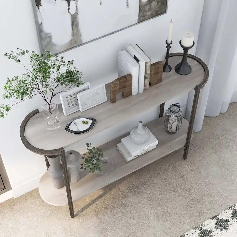 Table basse ovale moderne avec pieds en bronze brossé - Gris clair