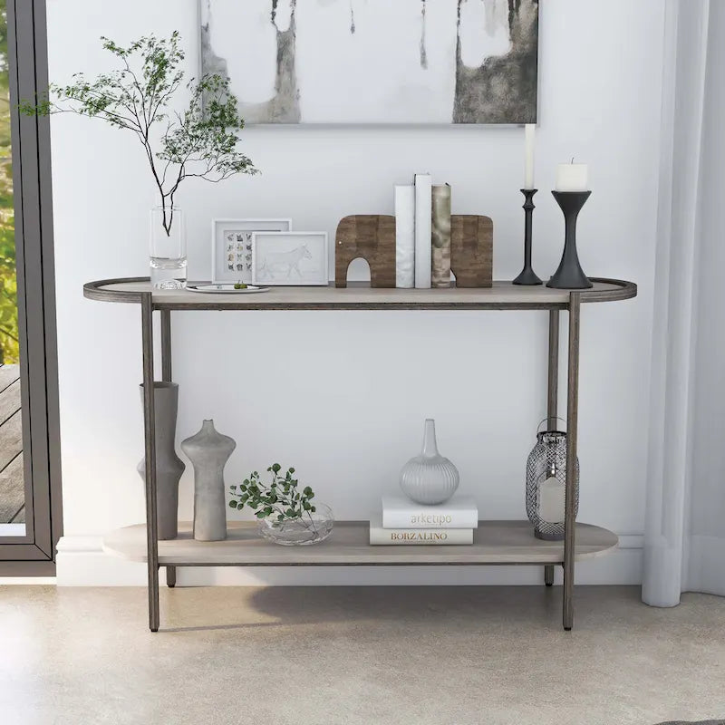 Table basse ovale moderne avec pieds en bronze brossé - Gris clair