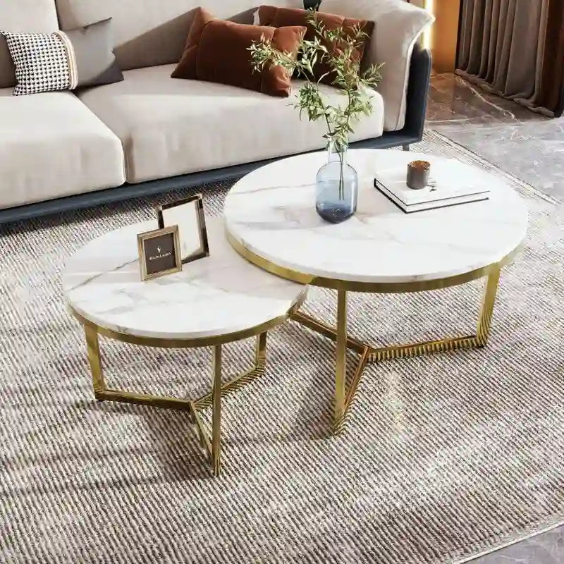 Lot de 2 tables basses gigognes modernes rondes avec plateau effet marbre et piètement doré