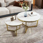Lot de 2 tables basses gigognes modernes rondes avec plateau effet marbre et piètement doré